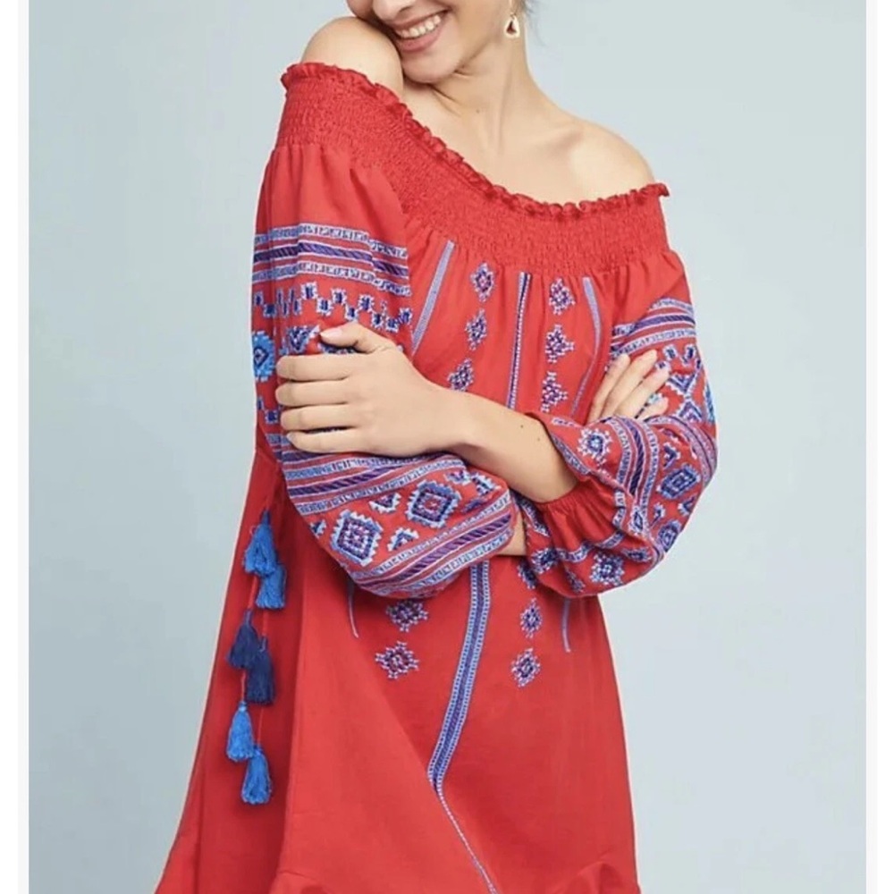 Anthropologie Ranna Gill Red Blue Off-Shoulder embroidered Dress large